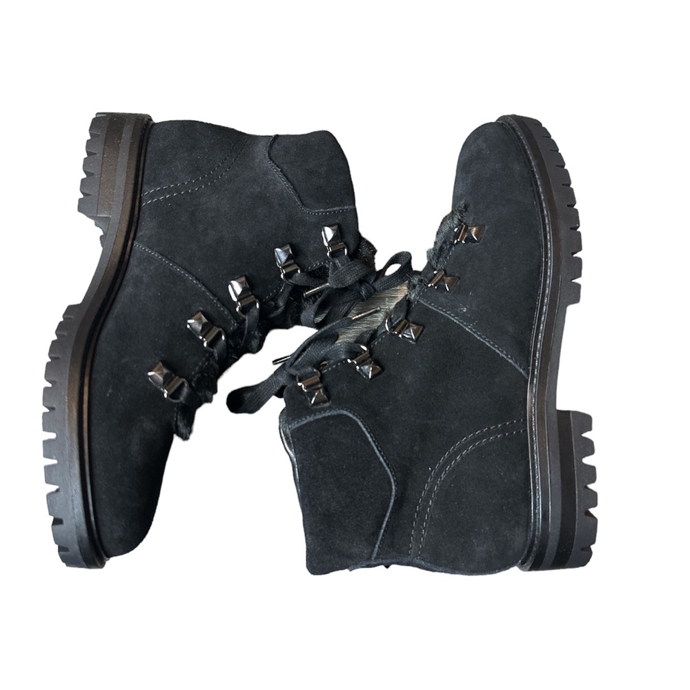 Marc Fisher Black Suede Faux Fur Trim Lace Up Ankle Boots Hobson Size 7 NEW - Picture 2 of 7